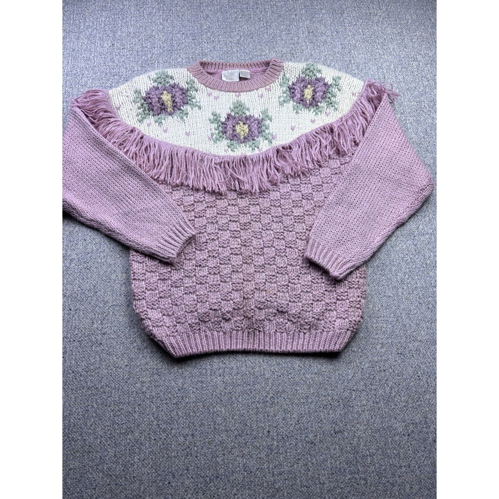 Vintage 90s Needles & Yarn Floral Fringe Knit Sweater Women's M Cottagecore‎